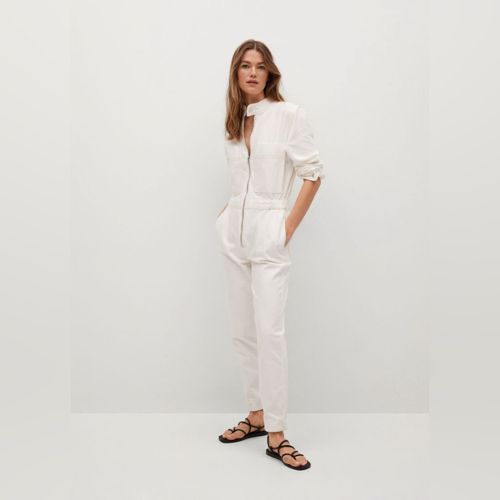 Mango size Large Long Sleeve Off White Utility Denim Jumpsuit Boilersuit